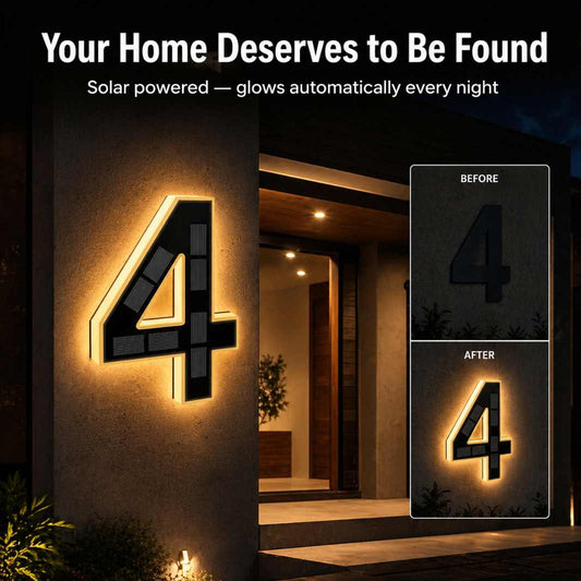 Solar-powered house number '4' light fixture on a building exterior with 'Before' and 'After' comparison.